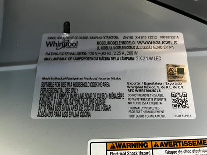 Whirlpool 36 inch Wall Mount Range Hood,WVW53UC6LS,3-Speed 400 CFM Motor,Push-Button Controls,LED Task Lightning,Grease FIlters,ADA New Open Box , 369140