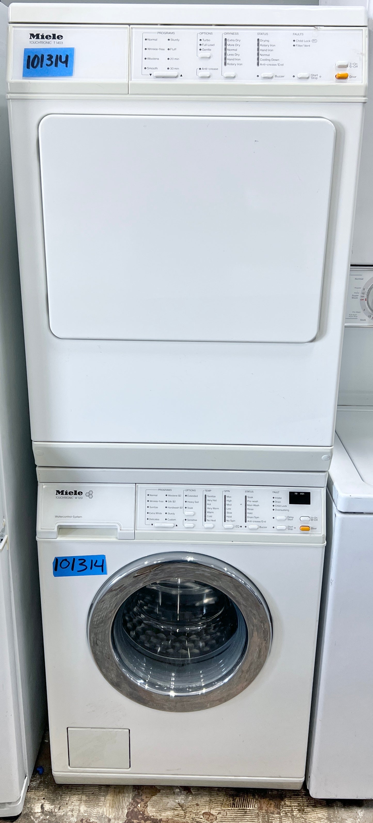 24 Inch Miele Washer and Dryer Set 220V  White . W1213 and  T1403, Front Load Machines , Super Capacity Electric Front Load Washer Stainless Steel Honeycomb Drum, LED Display , Miele  T1403 Touchtronic Super Capacity Vented Dryer  , 101314