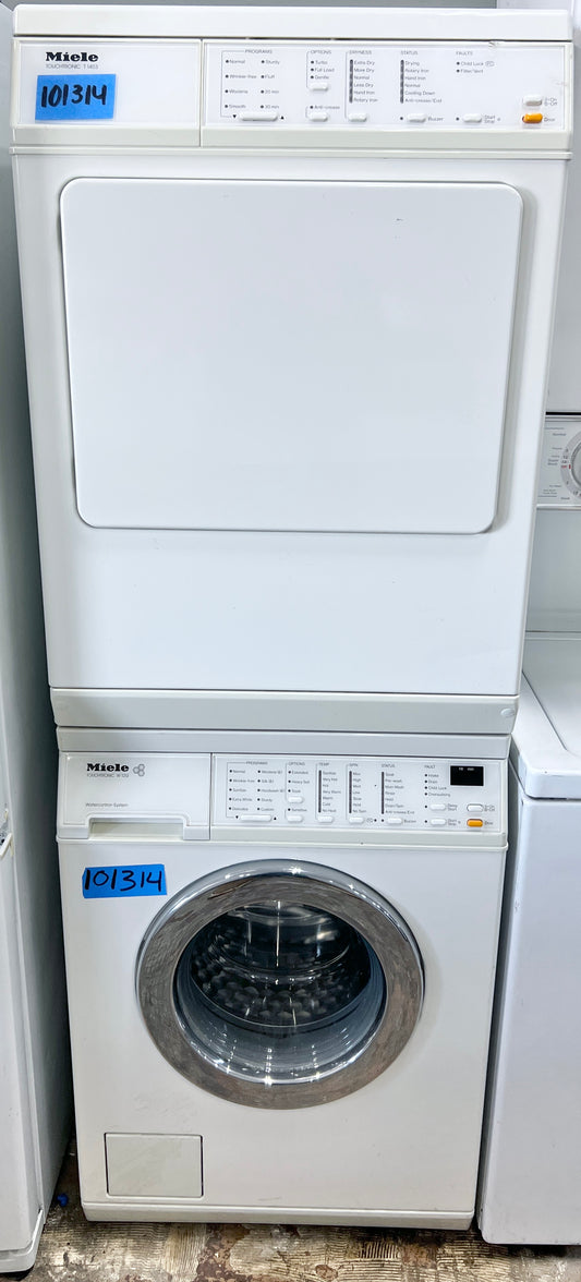 24 Inch Miele Washer and Dryer Set 220V  White . W1213 and  T1403, Front Load Machines , Super Capacity Electric Front Load Washer Stainless Steel Honeycomb Drum, LED Display , Miele  T1403 Touchtronic Super Capacity Vented Dryer  , 101314