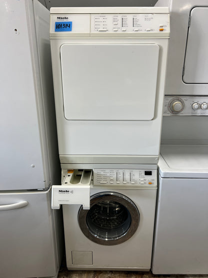 24 Inch Miele Washer and Dryer Set 220V  White . W1213 and  T1403, Front Load Machines , Super Capacity Electric Front Load Washer Stainless Steel Honeycomb Drum, LED Display , Miele  T1403 Touchtronic Super Capacity Vented Dryer  , 101314