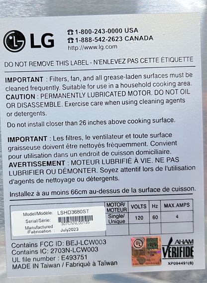 36 Inch LG Studio LSHD3680ST Wall Mount Chimney Hood , 600 CFM Internal Blower, Wi-Fi, IR Touch Controls, LED Lighting, Mesh Filters, Stainless Steel ,New Open Box 369425