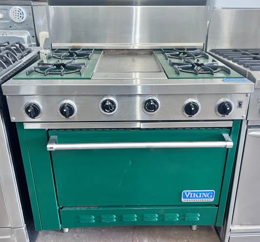 36 Inch Viking Professional 4 Burner , Griddle Gas  Range,  Convection Oven , Green Stainless Steel , 101391