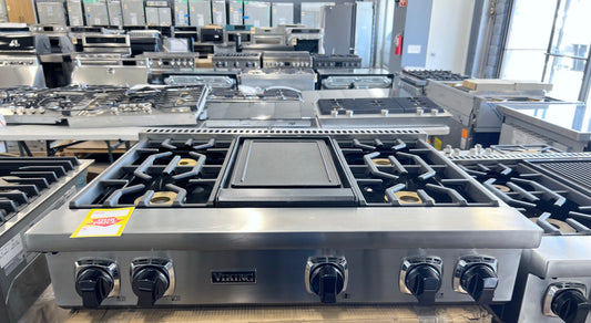 36 Inch Viking 7 Series  VRT7364GSSLP  Liquid Propane Rangetop , Elevation Burners,  Brass Flame Ports, Simmer Cooking, LED Lights, Three Burner Sizes, Cast Iron Griddle, Heavy Gauge Porcelain Burner Pan , Stainless Steel , New Open Box , LP