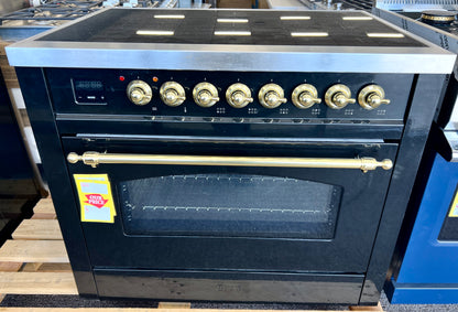 36 Inch ILVE UPI366NMPBKG Induction Range with 6 Elements, 3.5 cu. ft. Oven Capacity, Storage Drawer, , Glossy Black, Brass Trim , New Open Box