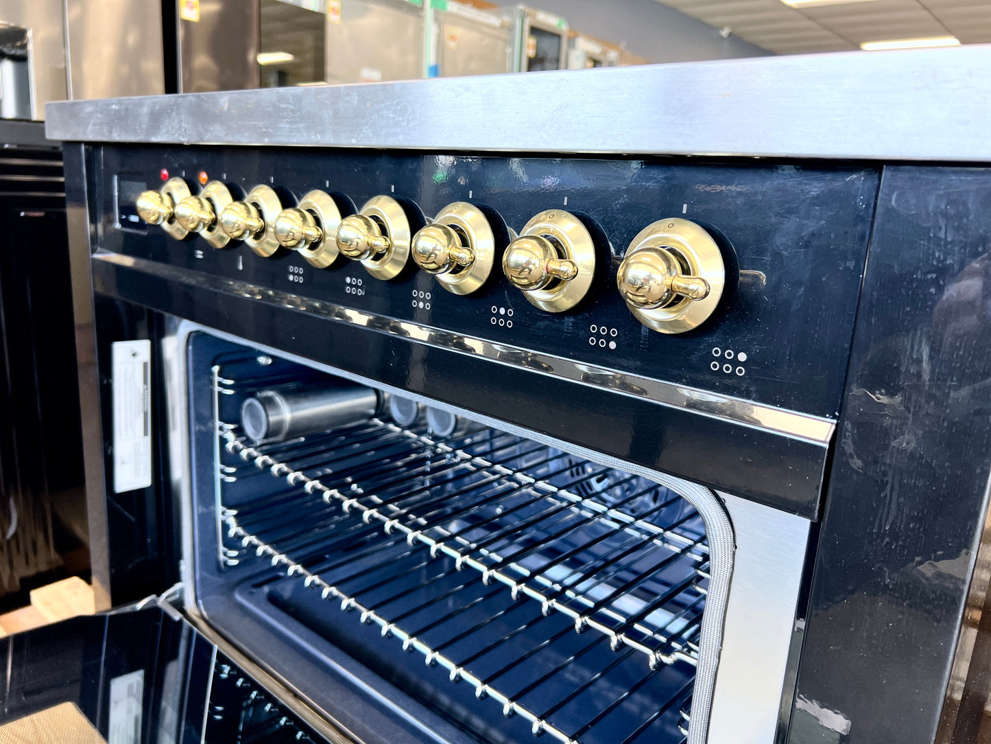 36 Inch ILVE UPI366NMPBKG Induction Range with 6 Elements, 3.5 cu. ft. Oven Capacity, Storage Drawer, , Glossy Black, Brass Trim , New Open Box