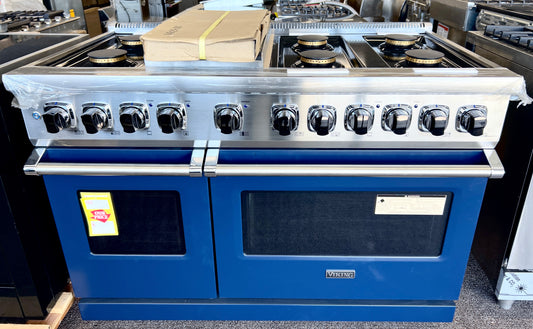 48 Inch Viking 5 Series  VDR5486GSB Freestanding Professional Dual Fuel Range , 6 Sealed Burners, Double Oven, 7.3 Cu. Ft. Total Capacity, Self-Clean, VariSimmer , Griddle, Slate Blue, Natural Gas , New Open Box