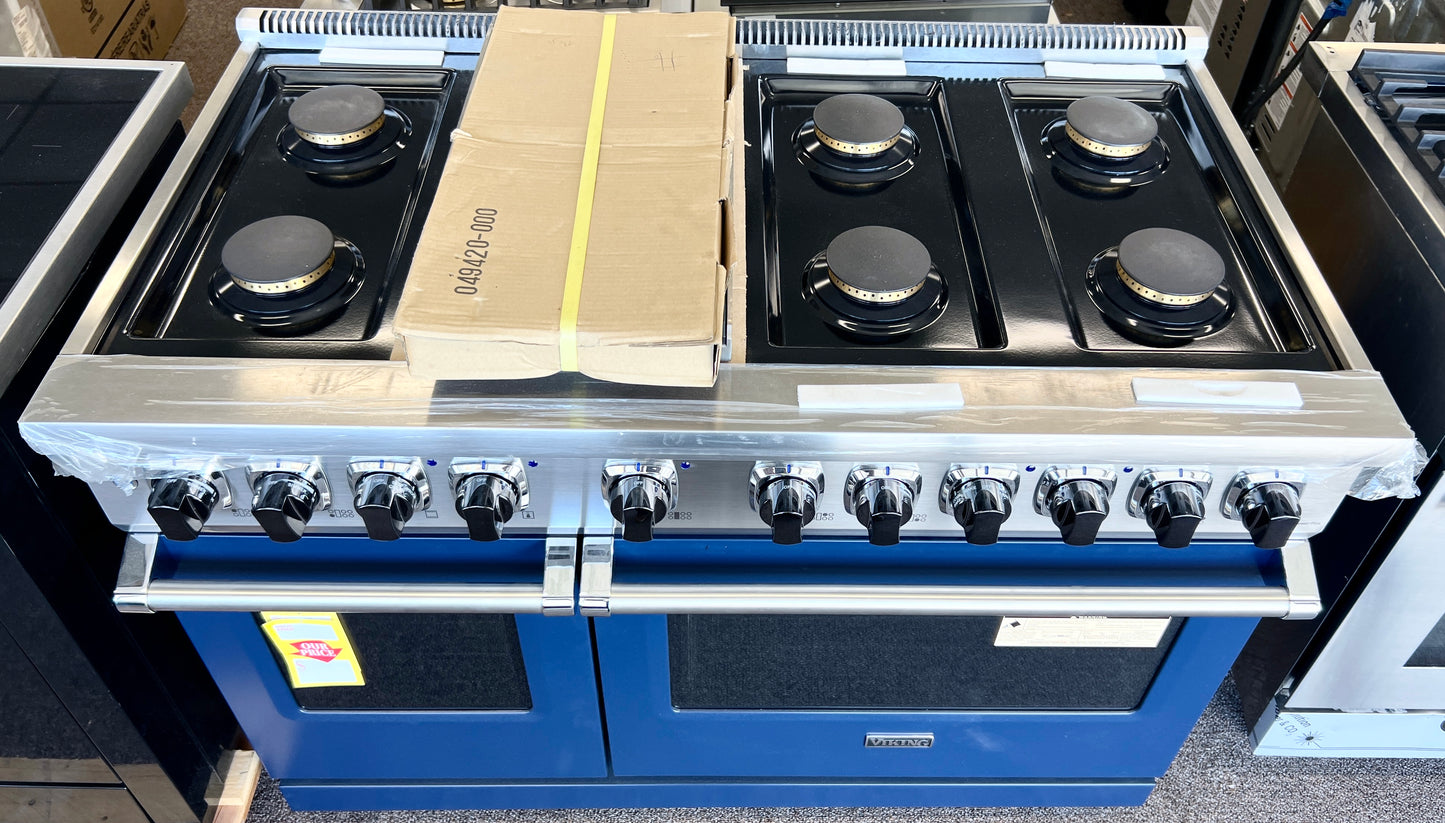 48 Inch Viking 5 Series  VDR5486GSB Freestanding Professional Dual Fuel Range , 6 Sealed Burners, Double Oven, 7.3 Cu. Ft. Total Capacity, Self-Clean, VariSimmer , Griddle, Slate Blue, Natural Gas , New Open Box