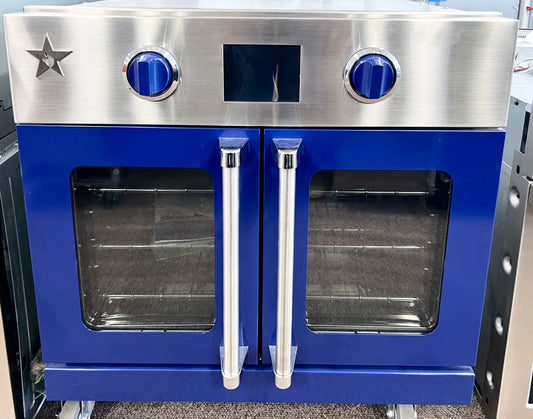 30 Inch BlueStar  BSEWO30ECSD Single French Door Electric Wall Oven with 4.5 cu. ft. Convection Oven, Eco-Friendly Continu Self-Clean, 12 Cooking Modes, Temperature Probe, Baking Stone, French Door Swing , Sabbath , Cobalt Blue Knobs , New Open Box