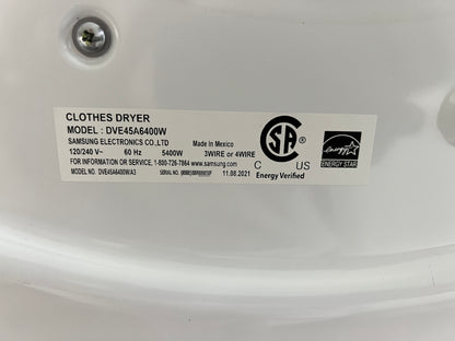 Samsung Front Load Washer WF45A6400AW 4.5 Cu Ft , Self Clean , ADA , Electric Dryer DVE45A6400W 7.5 CU FT , White Set , 101201