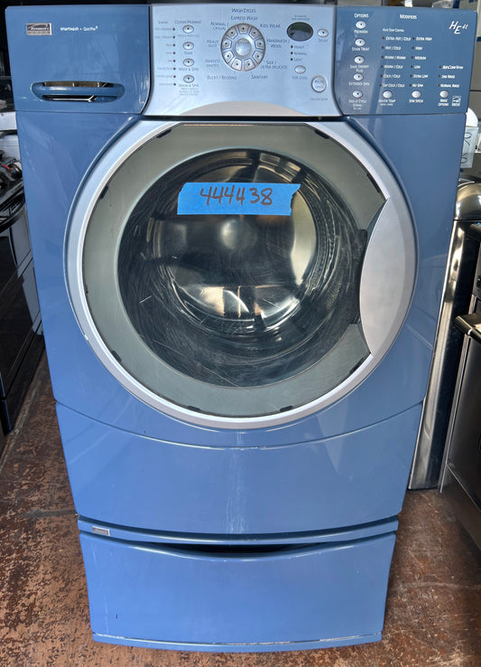 27 Inch Kenmore Elite Blue Front Load Washer Machine with Pedestal , 110.45087400, 444438