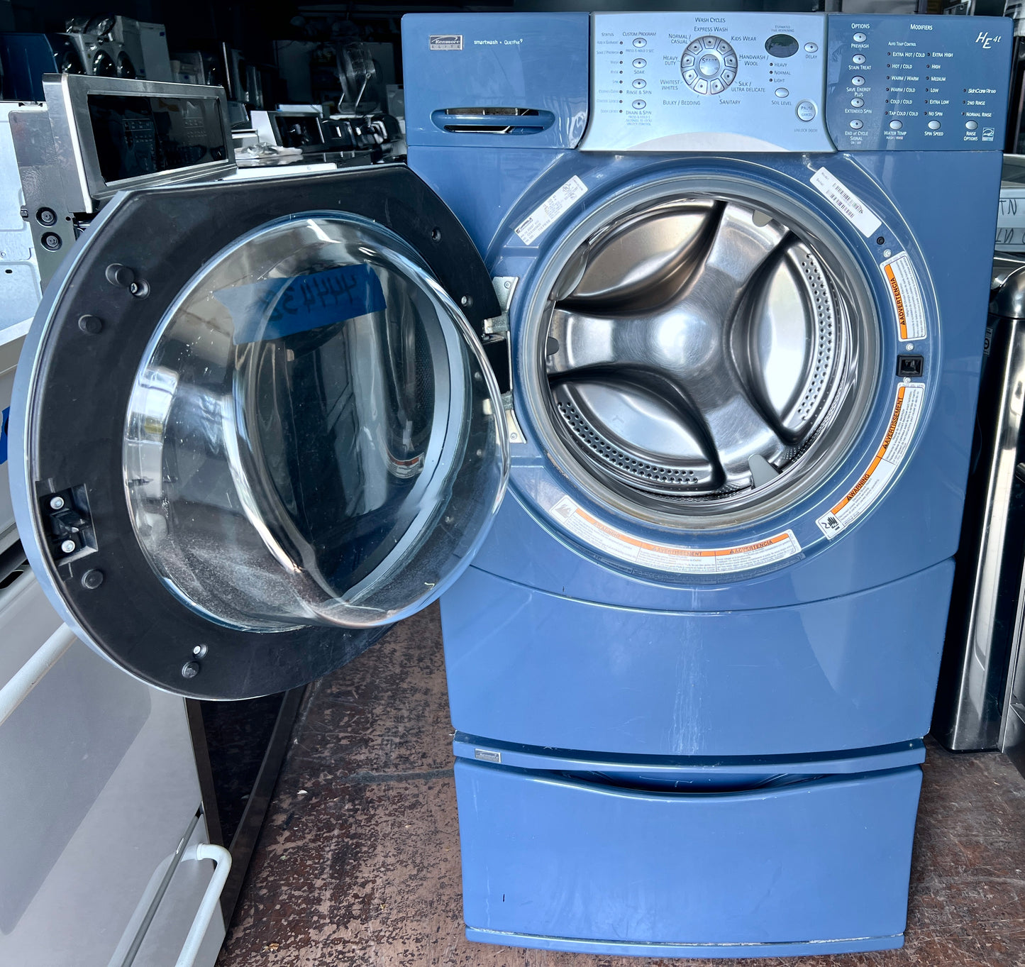 27 Inch Kenmore Elite Blue Front Load Washer Machine with Pedestal , 110.45087400, 444438