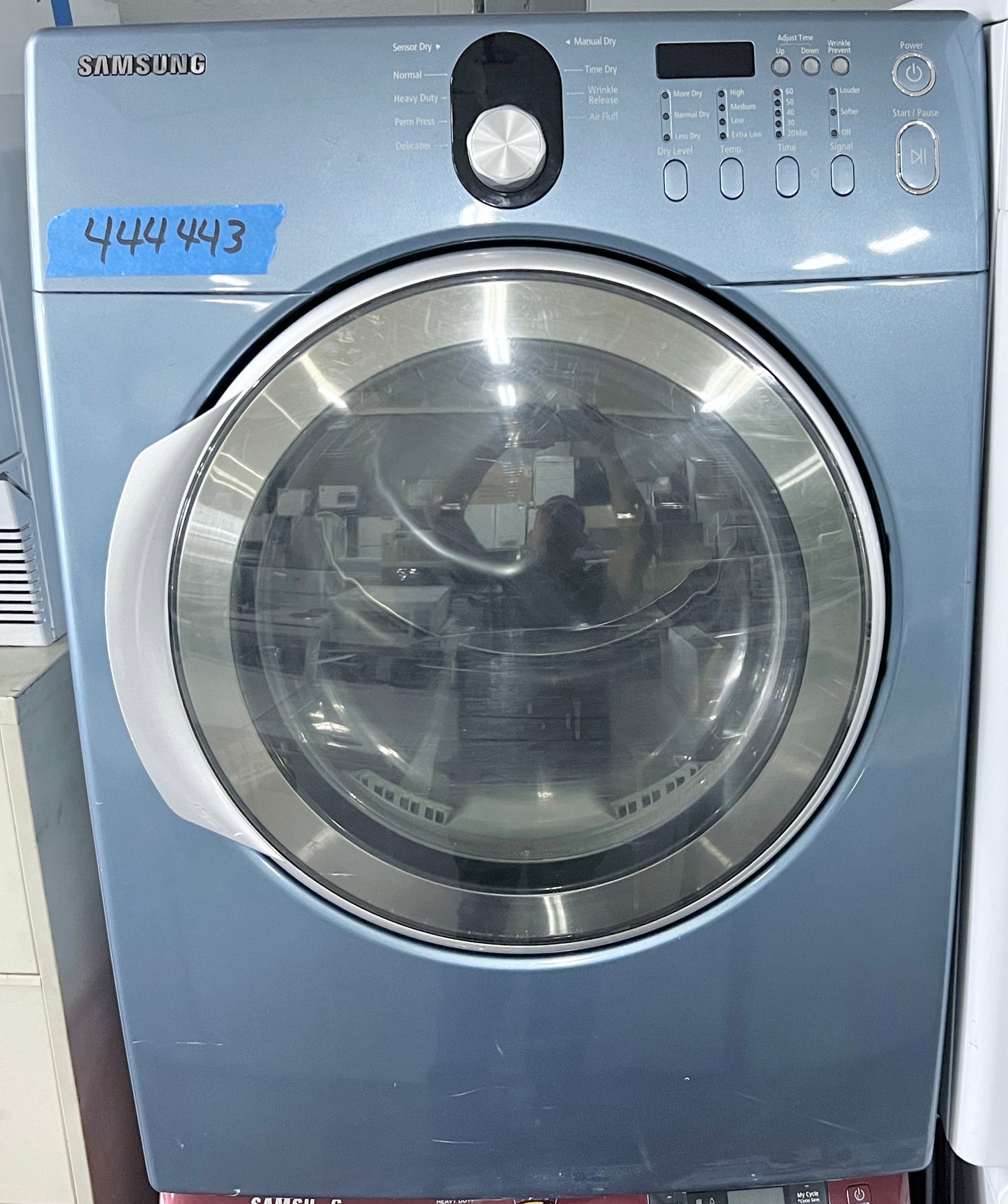 27 Inch Samsung  DV218AEB  Electric Dryer 7.3 cu. ft., 7 Dry Cycles Including Wrinkle Release, 2 Options, 4 Temperature Settings, Sensory Dry, LED Display , Blue , 444443