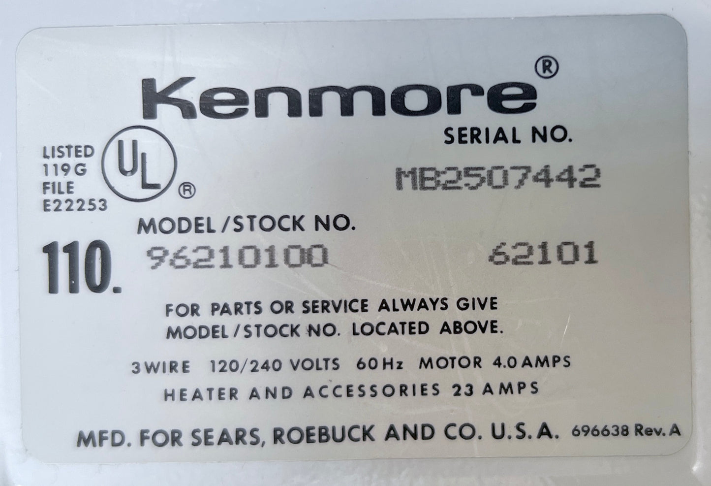 29 Inch Kenmore Front Load Electric Dryer , 110.96210100, White , 444452