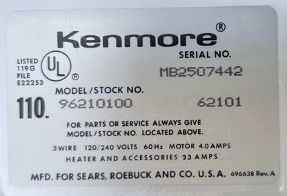 29 Inch Kenmore Front Load Electric Dryer , 110.96210100, White , 444452