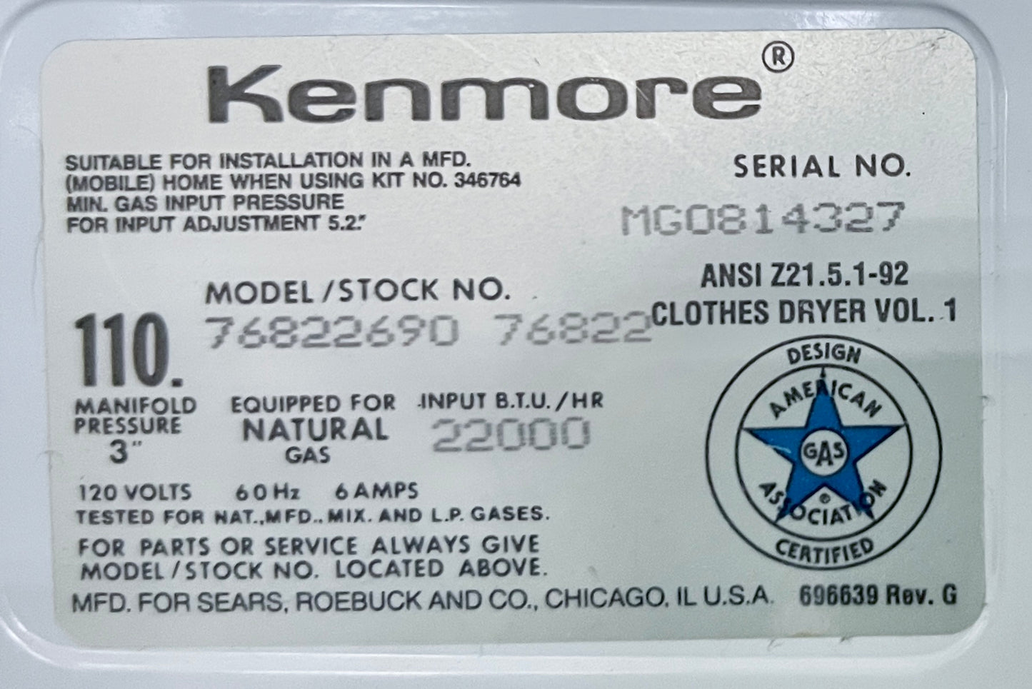 29 Inch Kenmore Front Load Gas Dryer Machine , 110.76822690 , White , 444456
