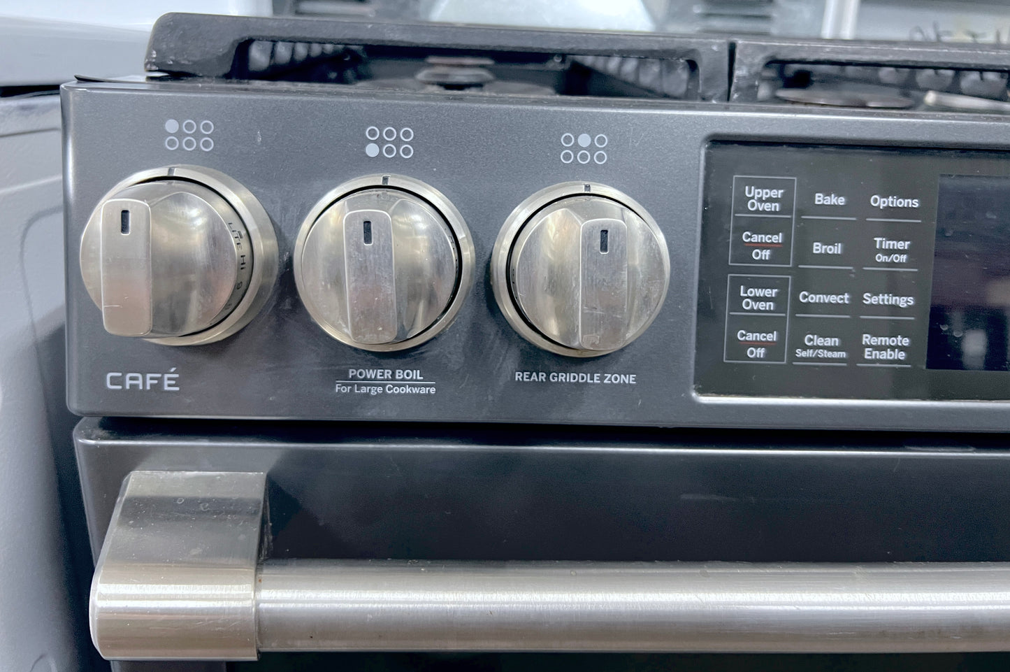 GE Cafe Series 30 Inch  CGS995EELDS Slide In 6 Burner Gas Range , Double Oven, WiFi Connect, Tri-Ring Burner, Oven Meat Probe, Cast Iron Griddle, Convection, Chef Connect, Star-K, ADA and 6.7 cu. ft. Black Slate , 444460