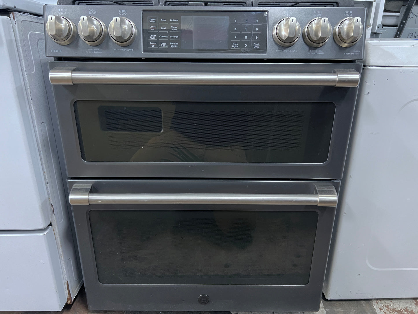 GE Cafe Series 30 Inch  CGS995EELDS Slide In 6 Burner Gas Range , Double Oven, WiFi Connect, Tri-Ring Burner, Oven Meat Probe, Cast Iron Griddle, Convection, Chef Connect, Star-K, ADA and 6.7 cu. ft. Black Slate , 444460