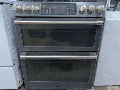 GE Cafe Series 30 Inch  CGS995EELDS Slide In 6 Burner Gas Range , Double Oven, WiFi Connect, Tri-Ring Burner, Oven Meat Probe, Cast Iron Griddle, Convection, Chef Connect, Star-K, ADA and 6.7 cu. ft. Black Slate , 444460