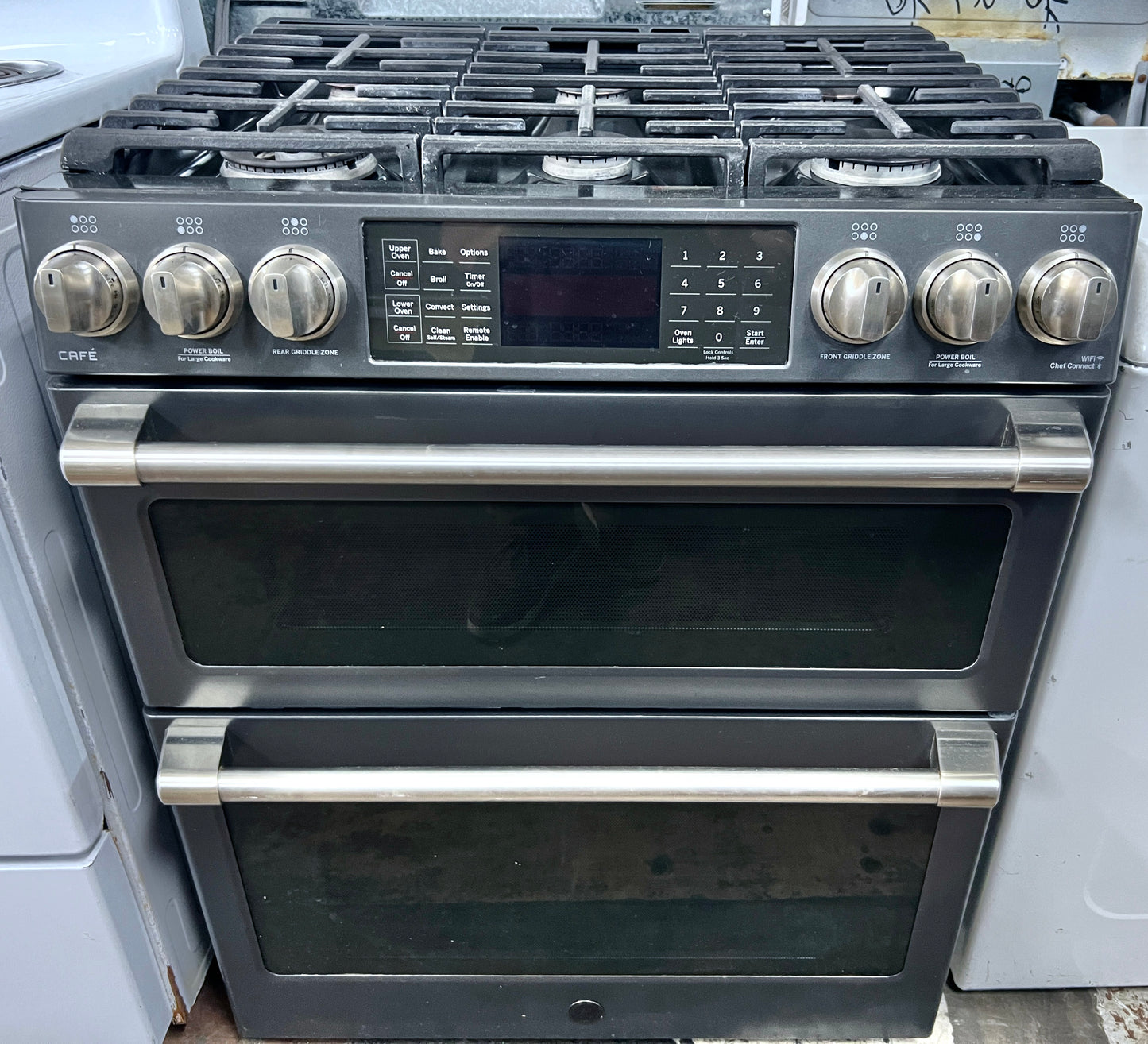 GE Cafe Series 30 Inch  CGS995EELDS Slide In 6 Burner Gas Range , Double Oven, WiFi Connect, Tri-Ring Burner, Oven Meat Probe, Cast Iron Griddle, Convection, Chef Connect, Star-K, ADA and 6.7 cu. ft. Black Slate , 444460