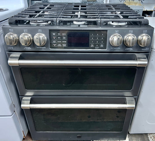 GE Cafe Series 30 Inch  CGS995EELDS Slide In 6 Burner Gas Range , Double Oven, WiFi Connect, Tri-Ring Burner, Oven Meat Probe, Cast Iron Griddle, Convection, Chef Connect, Star-K, ADA and 6.7 cu. ft. Black Slate , 444460