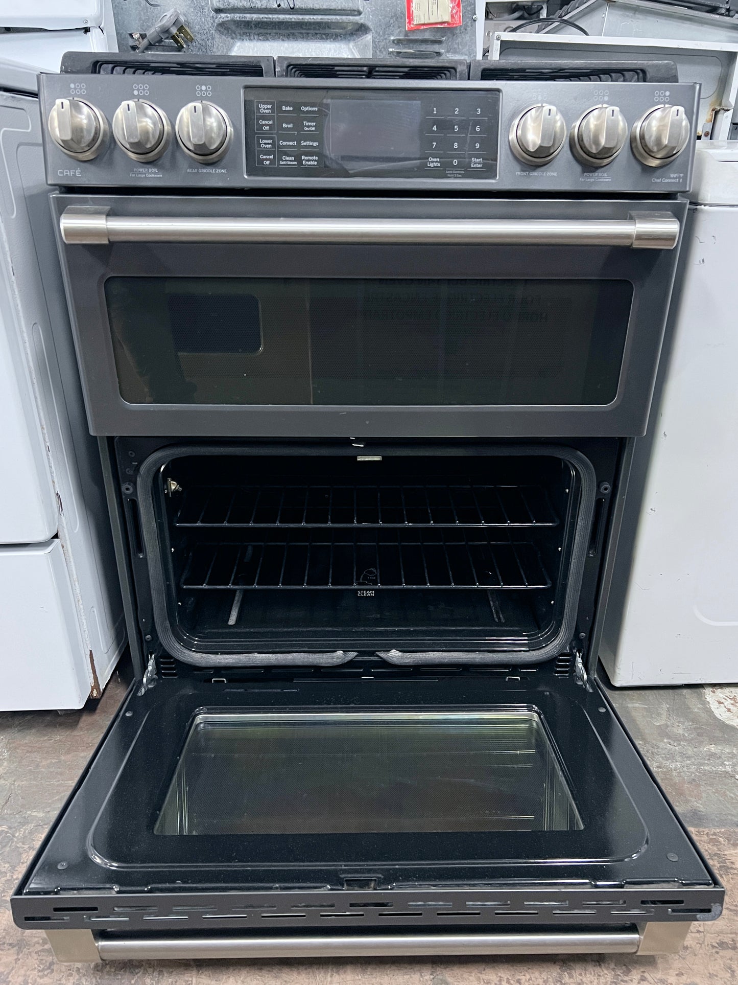 GE Cafe Series 30 Inch  CGS995EELDS Slide In 6 Burner Gas Range , Double Oven, WiFi Connect, Tri-Ring Burner, Oven Meat Probe, Cast Iron Griddle, Convection, Chef Connect, Star-K, ADA and 6.7 cu. ft. Black Slate , 444460