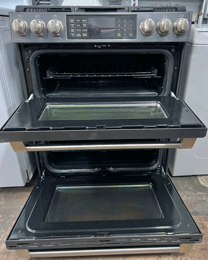 GE Cafe Series 30 Inch  CGS995EELDS Slide In 6 Burner Gas Range , Double Oven, WiFi Connect, Tri-Ring Burner, Oven Meat Probe, Cast Iron Griddle, Convection, Chef Connect, Star-K, ADA and 6.7 cu. ft. Black Slate , 444460