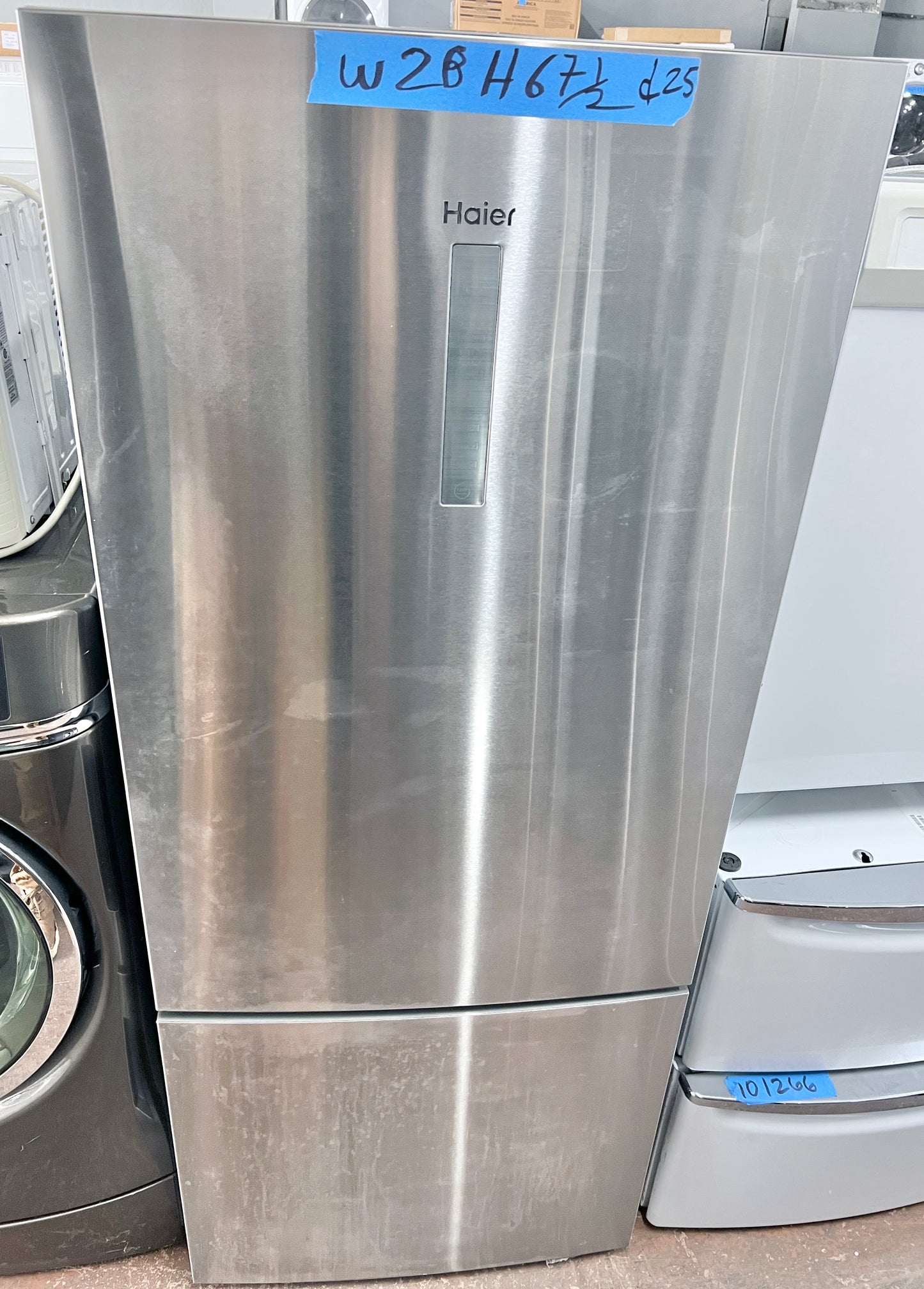 28 Inch Haier  HRB15N3BGS Counter Depth Bottom Freezer Stainless Steel Refrigerator LED Lighting, 15 cu. ft. Sabbath Mode Energy Star , 444461