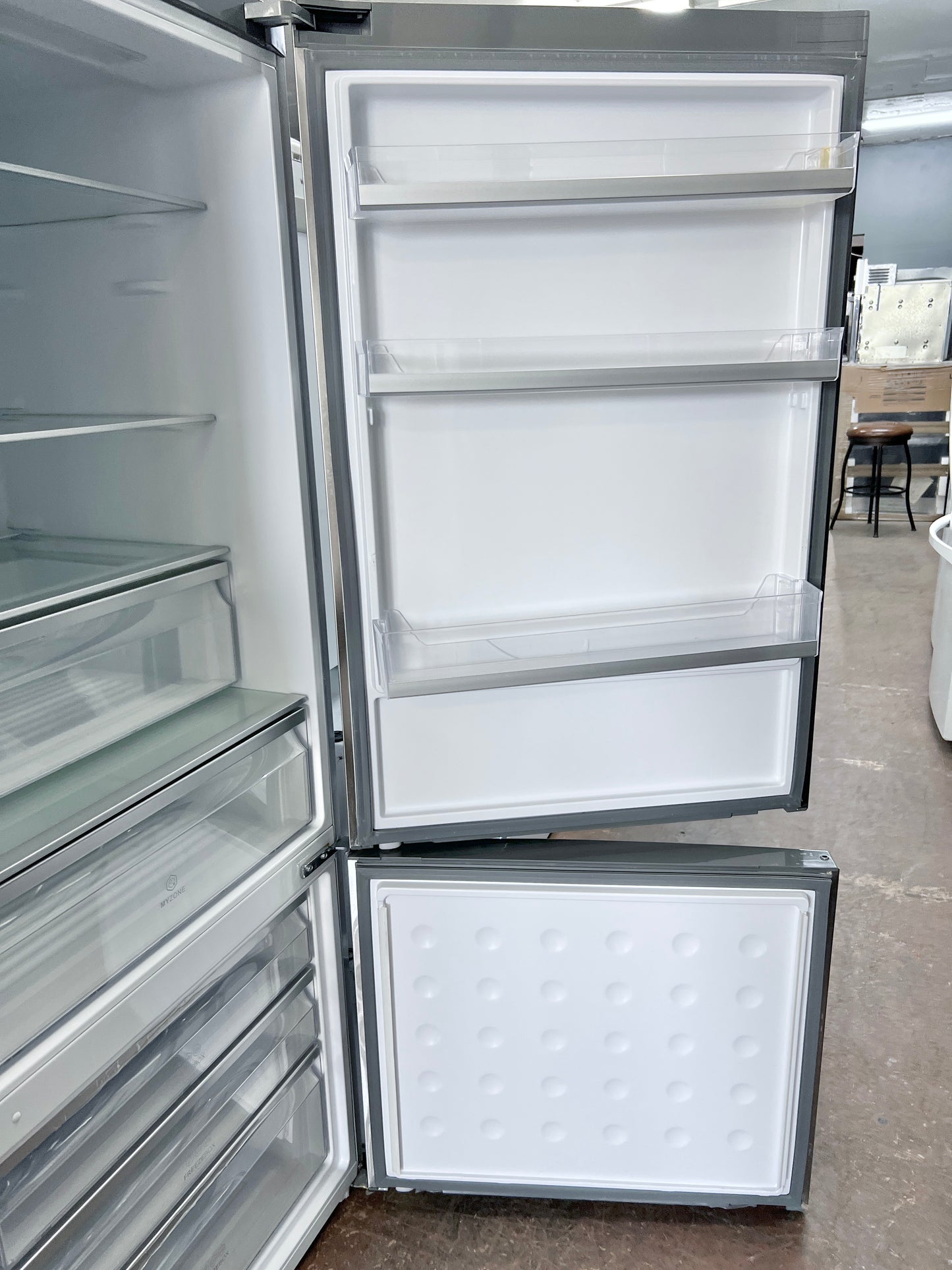 28 Inch Haier  HRB15N3BGS Counter Depth Bottom Freezer Stainless Steel Refrigerator LED Lighting, 15 cu. ft. Sabbath Mode Energy Star , 444461
