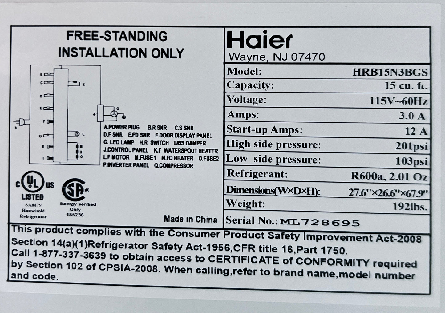 28 Inch Haier  HRB15N3BGS Counter Depth Bottom Freezer Stainless Steel Refrigerator LED Lighting, 15 cu. ft. Sabbath Mode Energy Star , 444461