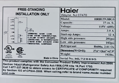 28 Inch Haier  HRB15N3BGS Counter Depth Bottom Freezer Stainless Steel Refrigerator LED Lighting, 15 cu. ft. Sabbath Mode Energy Star , 444461