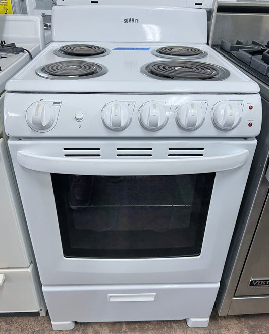 24 Inch Summit Electric Range , 4 Coil Element Burner , Bake , Broil , White , Compact , Apartment Size ,  444463