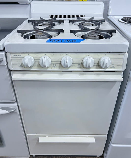 20 Inch Premier GAK100O  Compact Gas Range 4 Burner,  Gas Pilot Ignition, Roll Out Broiler 4 Inch Porcelain Backguard White on White , 444180