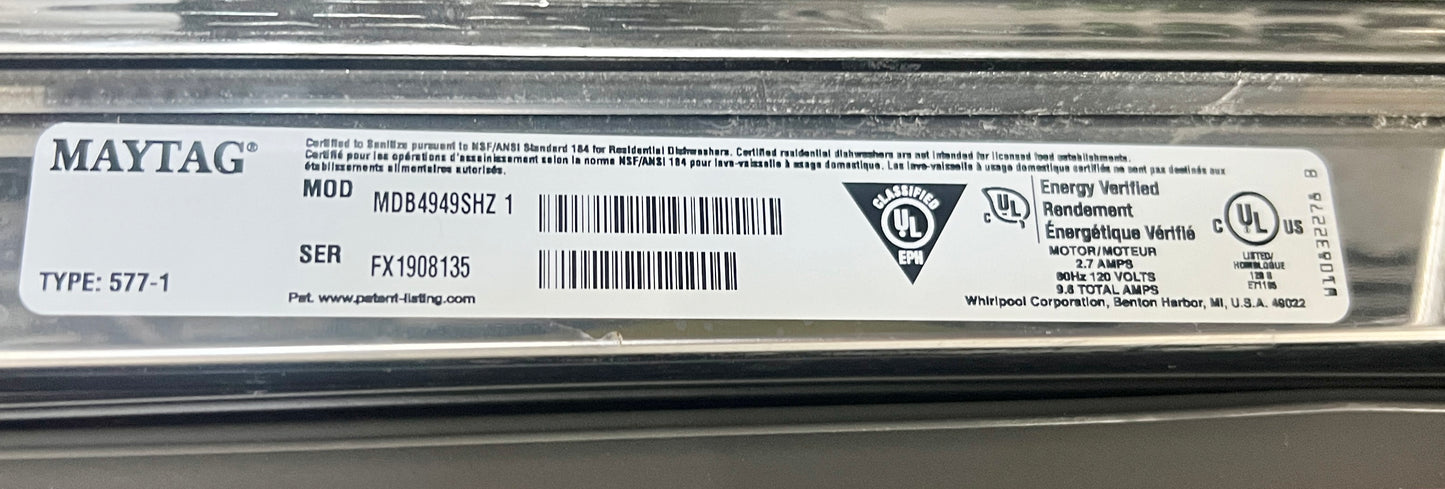 Maytag  MDB4949SHZ 24 Inch Dishwasher , Hard Food Disposer, Steam Sanitize Option, End-of-Cycle Indicator, Stainless Steel Tub, Tiered Upper Rack, 50 dBA ENERGY STAR Stainless Steel , 101218