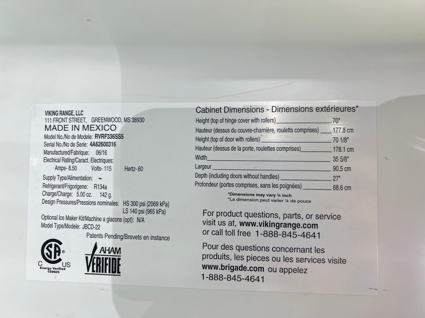 Viking 3 Series  RVRF336SS 36 Inch Counter Depth French Door Refrigerator with 19.86 Cu. Ft. Capacity, Air Purification, ColdZone Drawer, Adjustable SpillProof Shelves, LED Lighting, Ice Maker, Sabbath Mode, and Energy Star, 101220