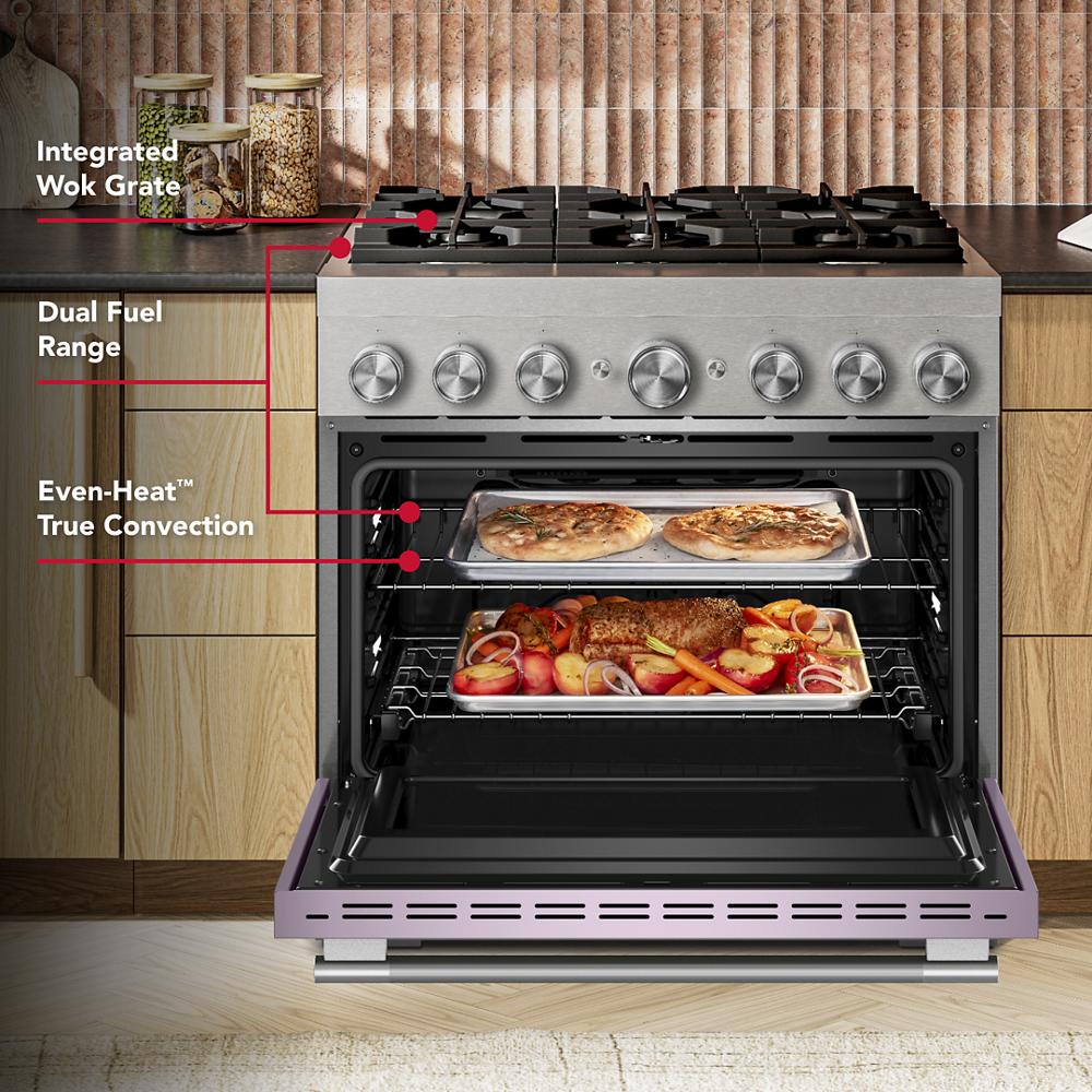 KFDS936SWF Kitchenaid Gas Range Commercial Style Dual Fuel Air Fry Oven Convection 6 Burner Stainless Steel and Wildflower Pink 36 Inch 013012