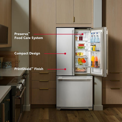 Kitchenaid KRFF330SPS Standard Depth French Door Refrigerator , Internal Water and Ice , 20 Cu Ft , 30 Inch Width , Print Shield Stainless Steel , 333010
