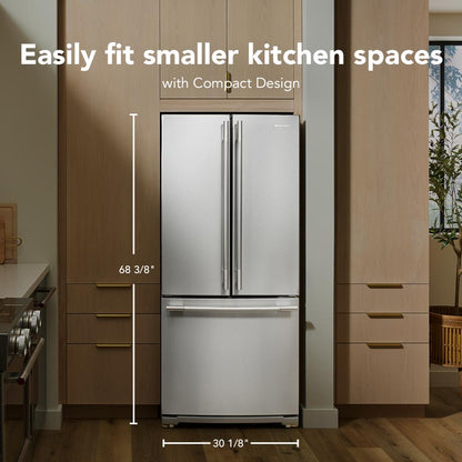 Kitchenaid KRFF330SPS Standard Depth French Door Refrigerator , Internal Water and Ice , 20 Cu Ft , 30 Inch Width , Print Shield Stainless Steel , 333010
