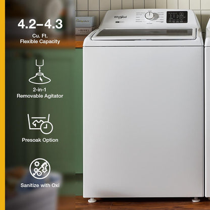 Whirlpool Top Load Washer WTW4307SW , 4.3 Cu Ft 27 Inch , New 2 in 1 Removable Agitator  and Soft Close Glass Lid , 999018