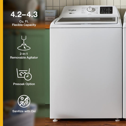 Whirlpool Top Load Washer WTW4307SW , 4.3 Cu Ft 27 Inch , New 2 in 1 Removable Agitator  and Soft Close Glass Lid , 999018