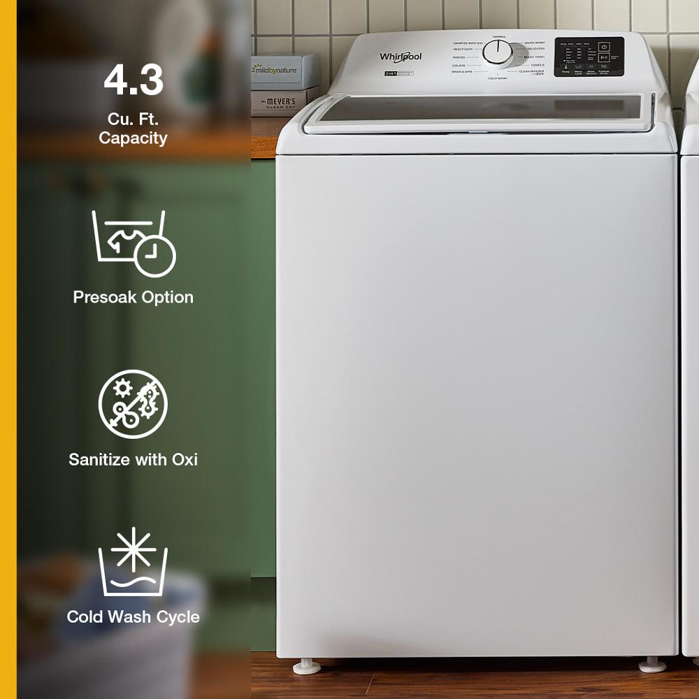 Whirlpool Top Load Washer WTW4307SW , 4.3 Cu Ft 27 Inch , New 2 in 1 Removable Agitator  and Soft Close Glass Lid , 999018