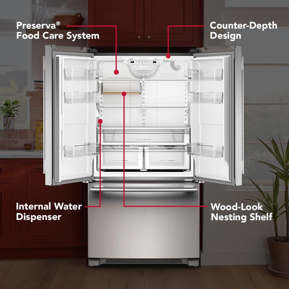 Kitchenaid KRFC136SPS Counter Depth Refrigerator French Door Style , Internal ice and Water Dispenser , 20 Cu Ft , Print Shield Stainless Steel , 36 Inch , 333009