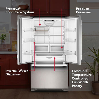 Kitchenaid KRFC136TPS Counter Depth Refrigerator French Door Style , Internal Ice and Water Dispenser , 22 Cu Ft , Print Shield Stainless Steel , 36 inch , 333006