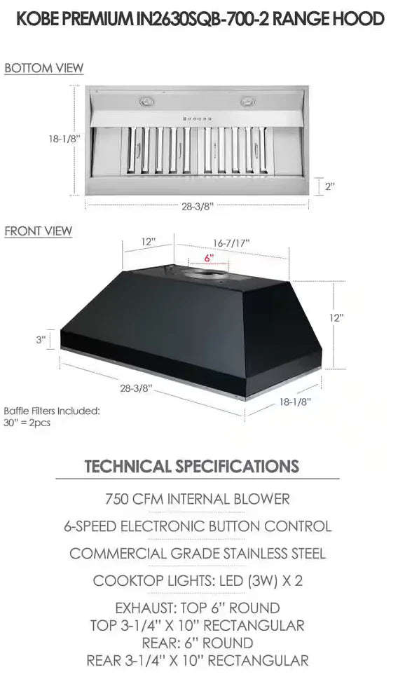 Kobe IN2630SQB700 30 Inch Range Hood , Insert , 750 CFM, Stainless Steel , 369437