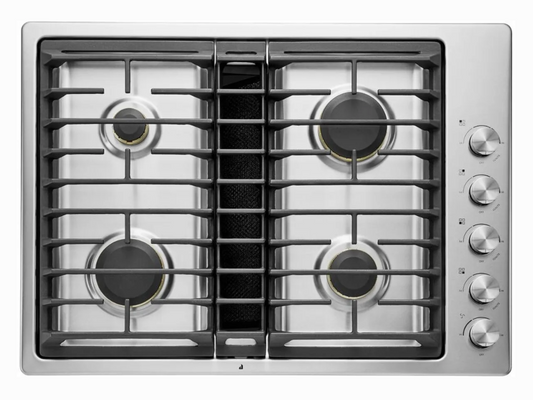 30 Inch JennAir Euro-Style Series  JGD3430GS  Gas Cooktop 4 Sealed Burners, Continuous Grates, 17,000 BTU Ultra-High Output Burner, 5,000 BTU Ultra-Low Output Burner, 3-Speeds, JX3 Downdraft Ventilation System, Prop 65, ADA Compliant, UL Certified, 373735