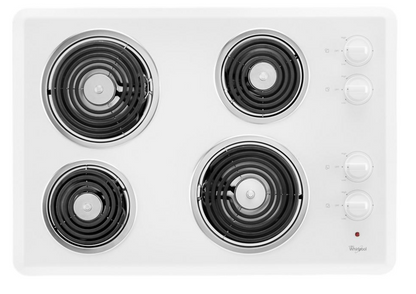 Whirlpool  WCC31430AW 30 Inch Electric Cooktop , 4 Coil Elements, Chrome Drip Bowls, Hot Surface Indicator Light, Control Knobs, White , 373736