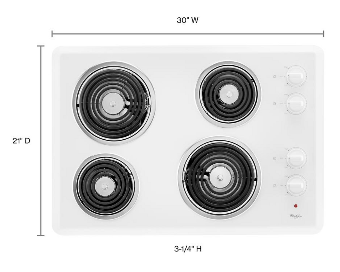 Whirlpool  WCC31430AW 30 Inch Electric Cooktop , 4 Coil Elements, Chrome Drip Bowls, Hot Surface Indicator Light, Control Knobs, White , 373736
