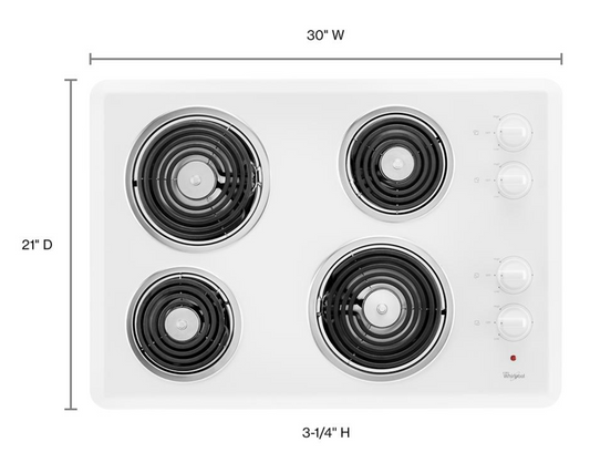 Whirlpool  WCC31430AW 30 Inch Electric Cooktop , 4 Coil Elements, Chrome Drip Bowls, Hot Surface Indicator Light, Control Knobs, White , 373736