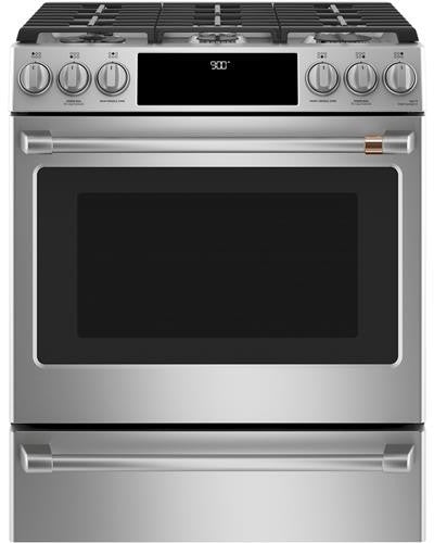 GE Cafe C2S900P2MS1 30 Inch Slide-In Dual Fuel Smart Range with 6 Sealed Burners, 5.7 Cu. Ft. Oven Capacity, Warming Drawer, Continuous Grates, Self-Clean, Steam Clean,Shabbos Mode, 21K Triple Ring Burner, ADA,Stainless Steel, 999509