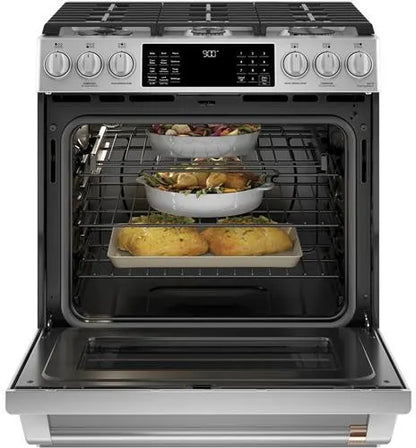 GE Cafe C2S900P2MS1 30 Inch Slide-In Dual Fuel Smart Range with 6 Sealed Burners, 5.7 Cu. Ft. Oven Capacity, Warming Drawer, Continuous Grates, Self-Clean, Steam Clean,Shabbos Mode, 21K Triple Ring Burner, ADA,Stainless Steel, 999509
