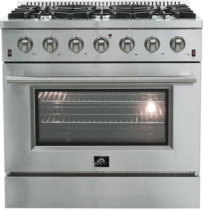 Forno 36 Inch Gas Range 6 Sealed Burners, 5.36 Cu. Ft. Convection Oven Capacity, Cast Iron Continuous Grate, Triple Layered Glass Door, Italian Defendi Burners, Stainless Steel , 444153